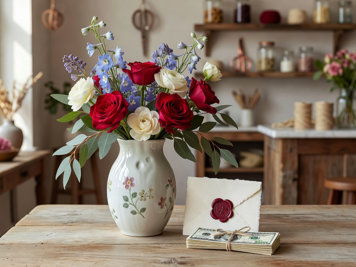 Boutique floral gift presentation with handcrafted porcelain vase and wax-sealed note