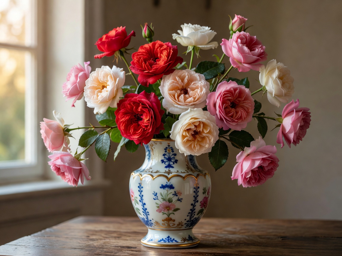 Exquisite French garden roses arranged in antique Sèvres porcelain vase