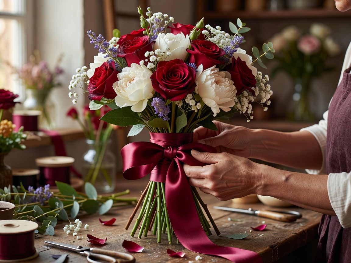 Florist hands carefully binding a luxury bouquet with Lyon silk ribbon