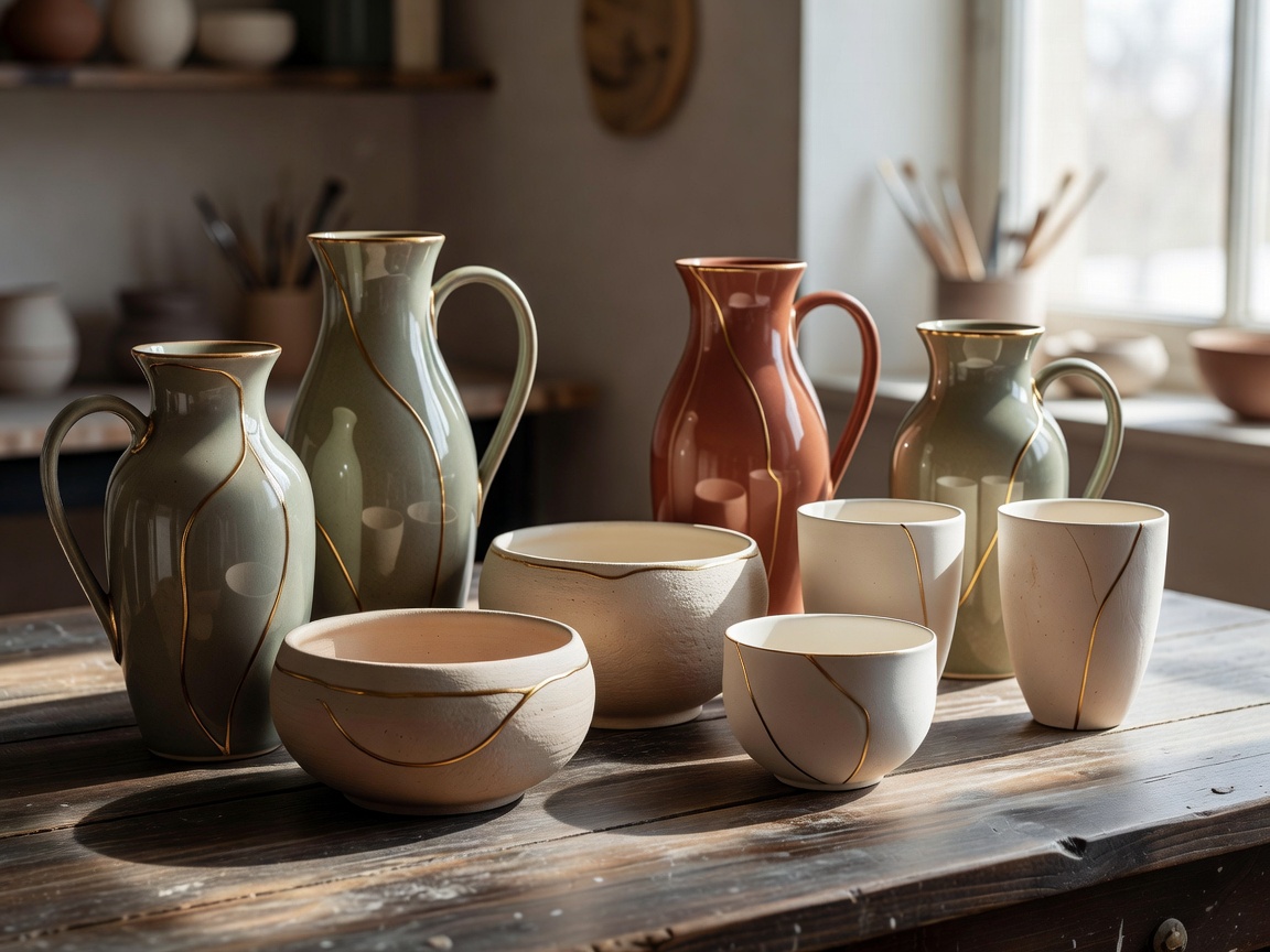 Handcrafted ceramic and bisque porcelain vessels with gold trim