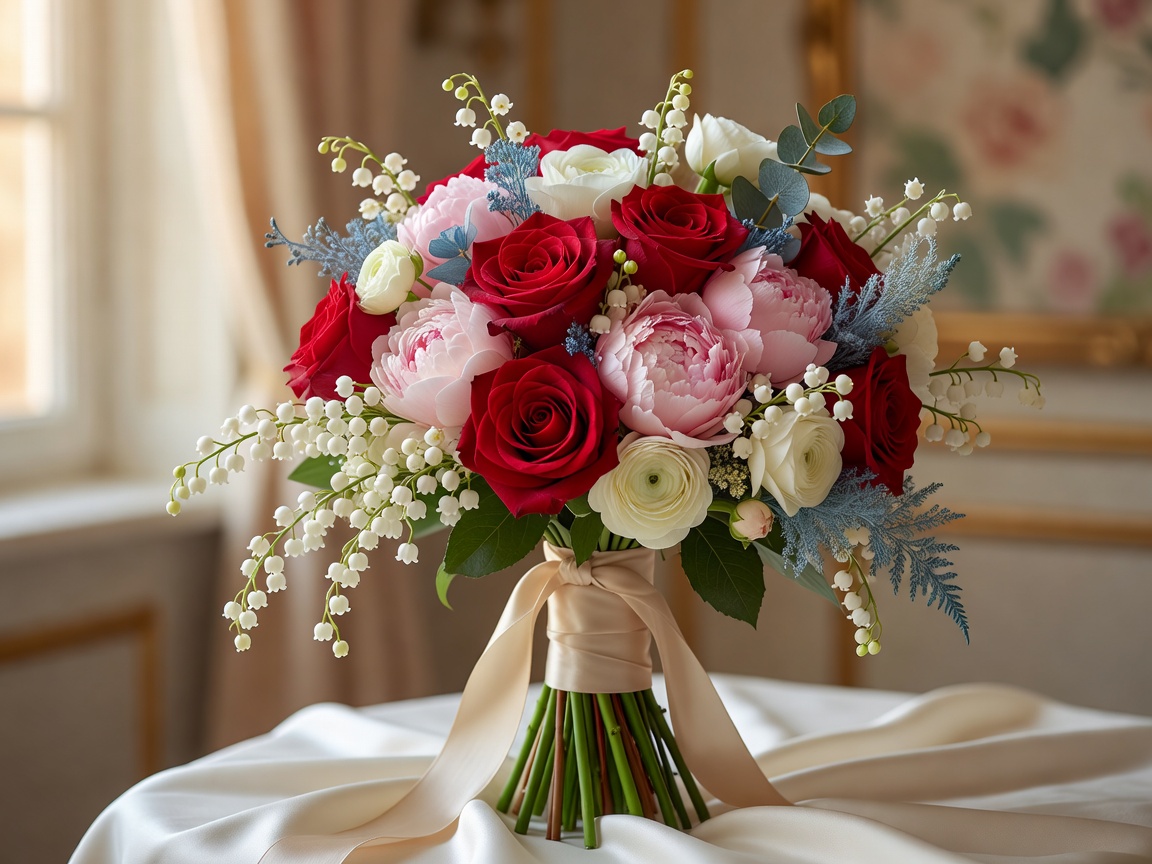 Lavish asymmetrical hand-tied romantic French bridal bouquet