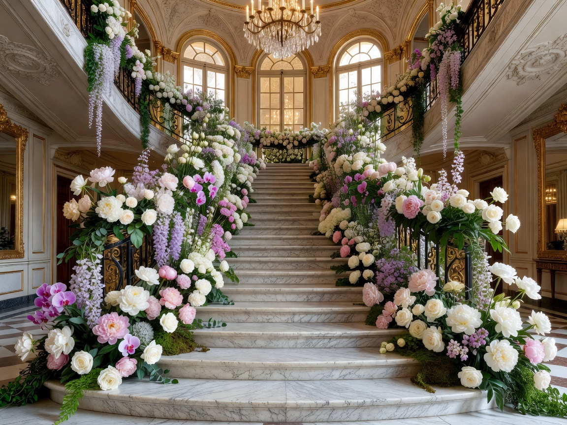 Lavish floral installation along a grand marble staircase in a Parisian mansion