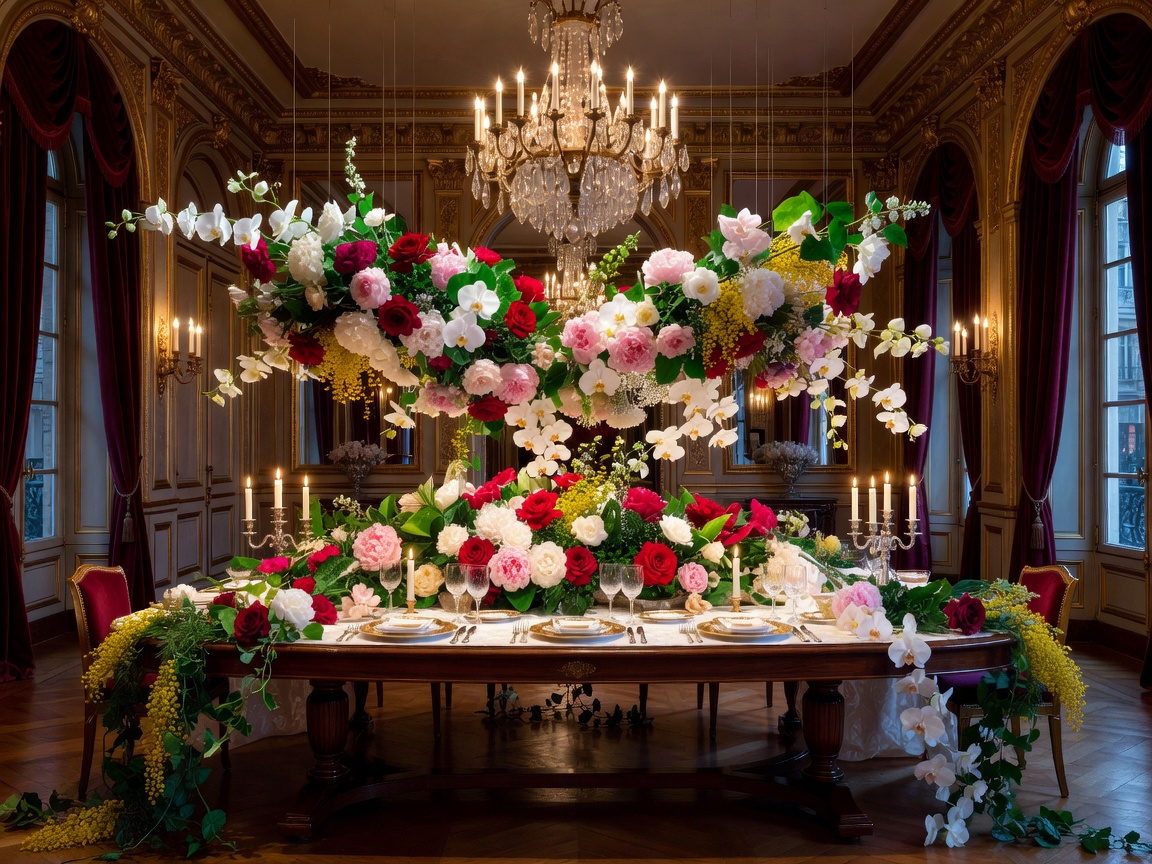 Opulent floral installation over a grand dining table in a Parisian salon