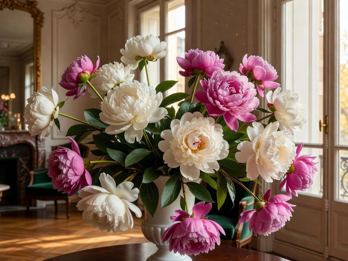 Voluminous arrangement of Duchesse de Nemours and Sarah Bernhardt peonies in a Parisian apartment